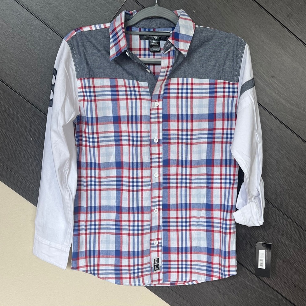 Beverly Hills Polo Club Plaid Button Down w/ White Sleeves Western